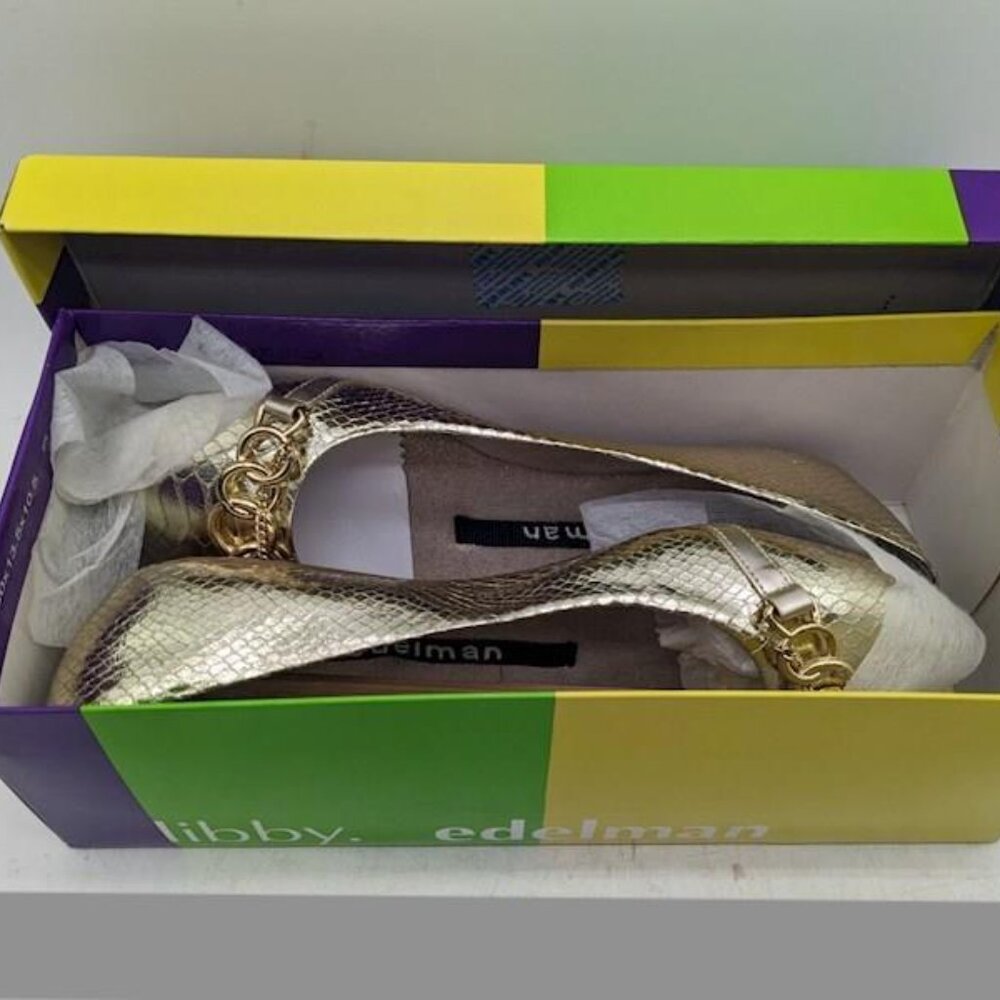 New NIB Libby Edelman Amelie Gold Snakeskin Charm Ballet Flats 9